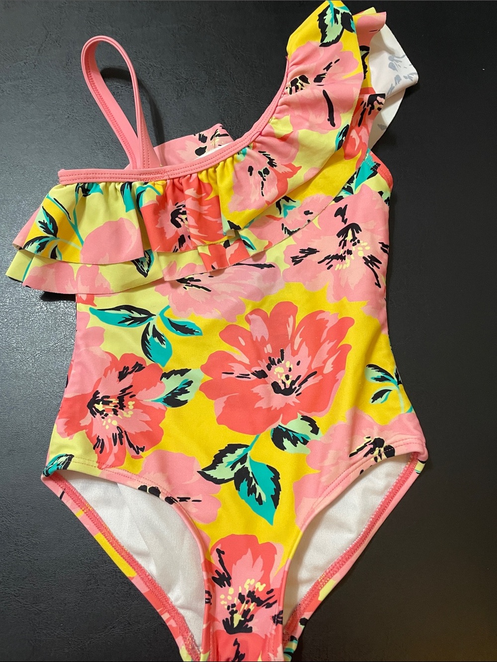 Kids Floral One-Shoulder Swimsuit - Pink & Yellow Sz.4T used good condition